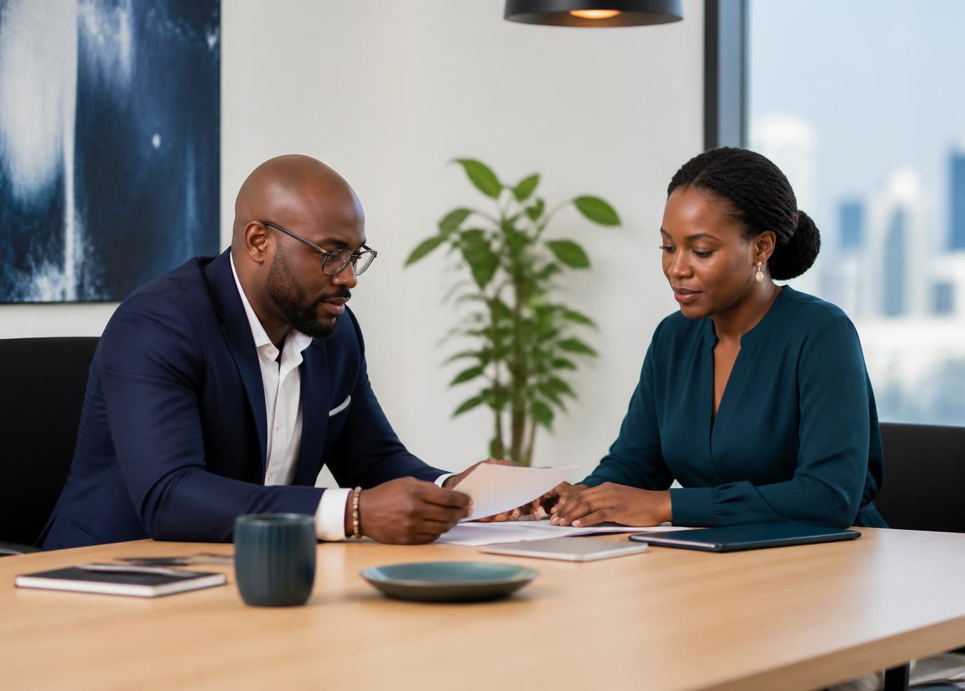 Two professionals reviewing documents in a Lagos office