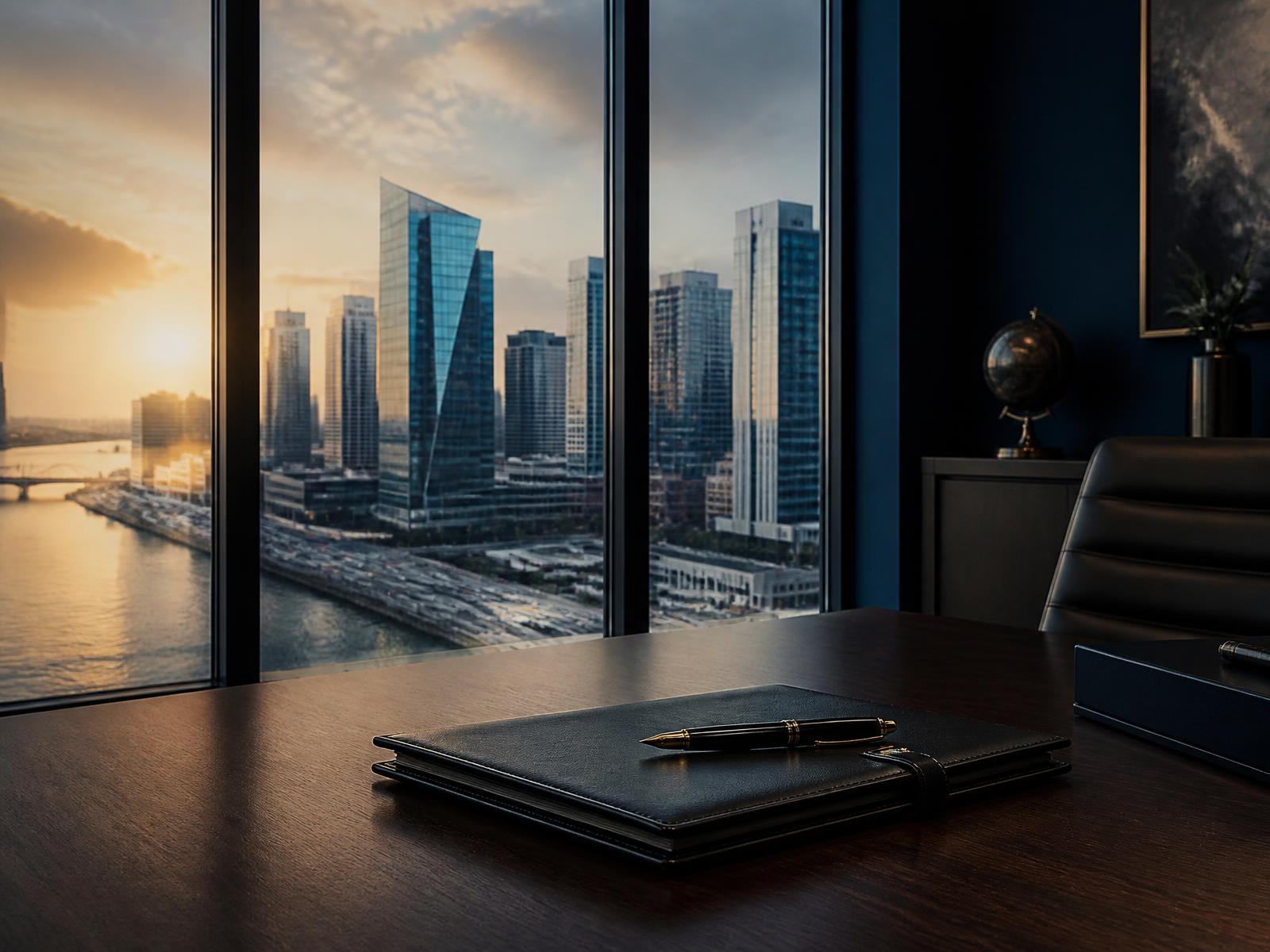 A quiet Lagos office at golden hour overlooking the business district